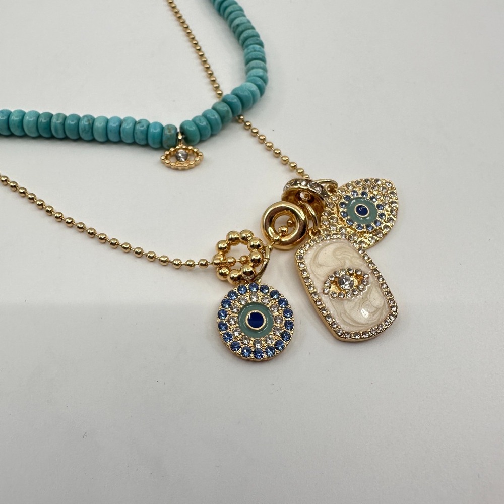 Turquoise & Gold Tone Beaded Evil Eye Layered Necklace Rhinestone Bohemian Gift - Picture 17 of 17